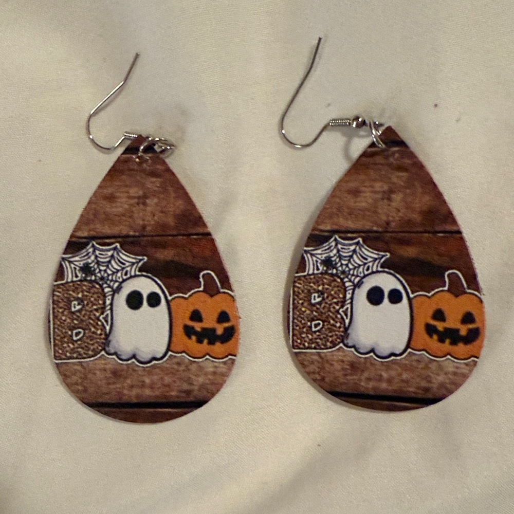 Halloween Ghost and Pumpkin Earrings double sided NWOT
